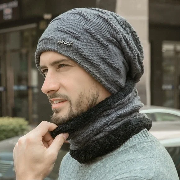 Men's Teddy Lined Cashmere Beanie Infinity Scarf Set